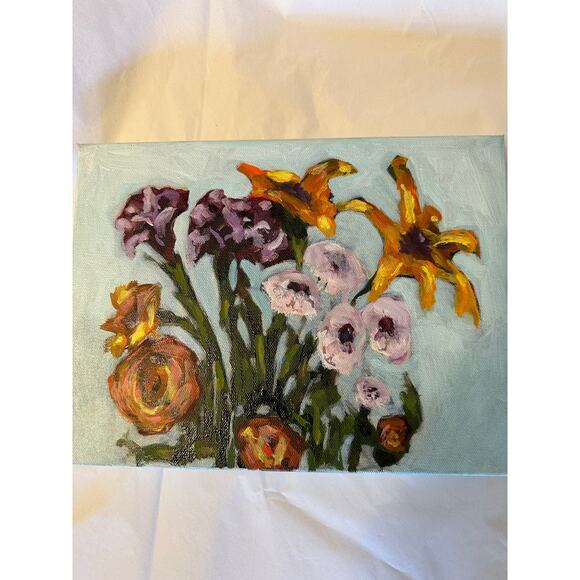 OOAK Original Oil Painting Colorful Happy Bouquet On Gallery Wrapped Canvas - Picture 1 of 5